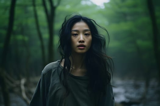 Asian woman lost in forest at summer day. Neural network generated image. Not based on any actual person or scene.
