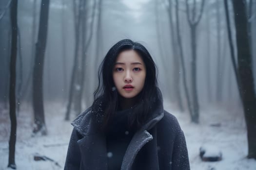 Asian woman portrait in snowy winter forest at day. Neural network generated image. Not based on any actual person or scene.