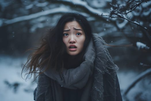 Asian woman lost in snowy winter forest at day. Neural network generated image. Not based on any actual person or scene.