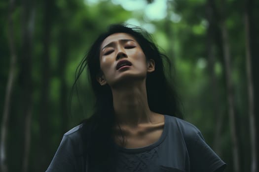 Asian woman lost in forest at summer day. Neural network generated image. Not based on any actual person or scene.