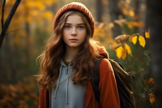 Long haired Caucasian girl in autumn forest at day. Neural network generated image. Not based on any actual person or scene.