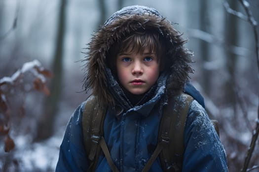 Caucasian boy lost in forest at snowy winter day. Neural network generated image. Not based on any actual person or scene.