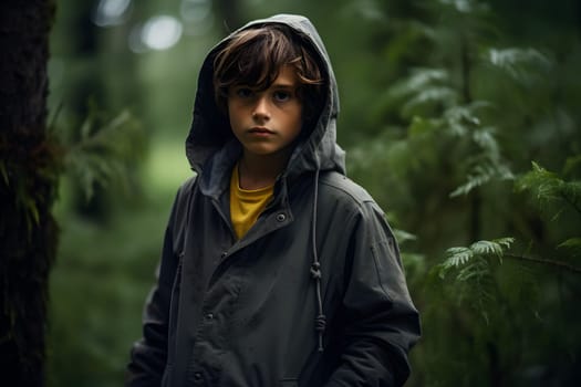 Caucasian kid lost in forest at summer day. Neural network generated image. Not based on any actual person or scene.