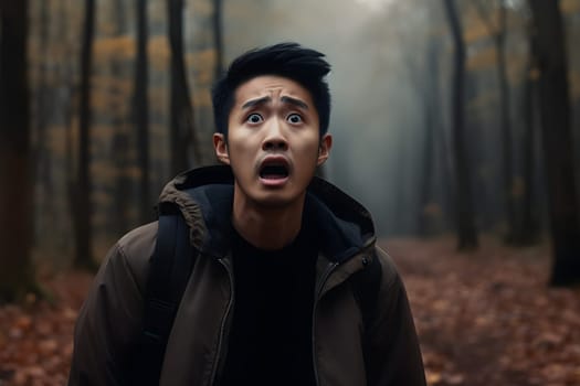 Asian man lost in forest at autumn evening. Neural network generated image. Not based on any actual person or scene.