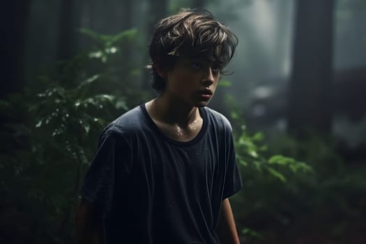 Caucasian kid lost in forest at summer day. Neural network generated image. Not based on any actual person or scene.