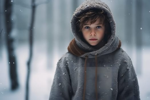 Caucasian boy lost in forest at snowy winter day. Neural network generated image. Not based on any actual person or scene.