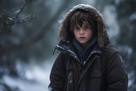 Caucasian boy lost in forest at snowy winter day. Neural network generated image. Not based on any actual person or scene.