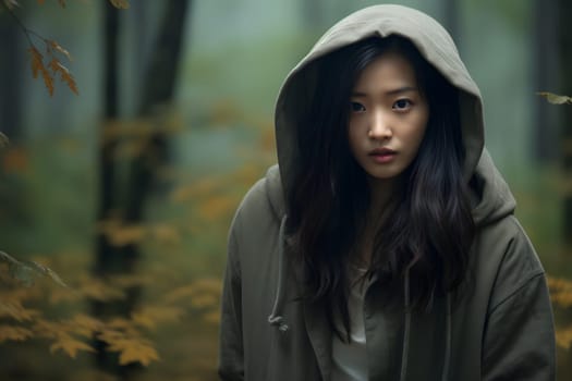 Asian woman lost in forest at autumn day. Neural network generated image. Not based on any actual person or scene.