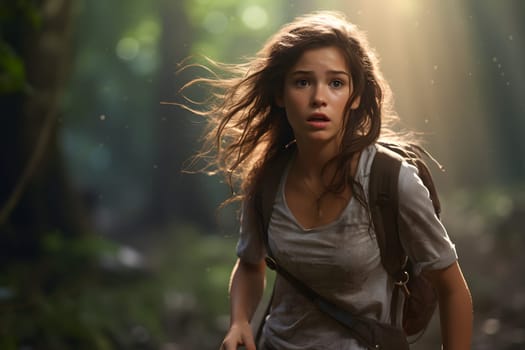 Young adult woman lost in forest at summer day. Neural network generated image. Not based on any actual person or scene.