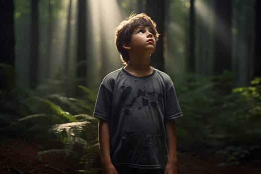 Caucasian kid lost in forest at summer day. Neural network generated image. Not based on any actual person or scene.