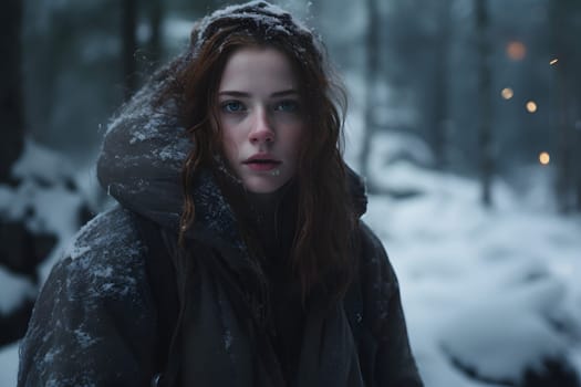 Caucasian girl lost in snowy winter forest at day. Neural network generated image. Not based on any actual person or scene.