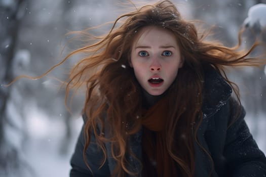 Caucasian girl lost in snowy winter forest at day. Neural network generated image. Not based on any actual person or scene.