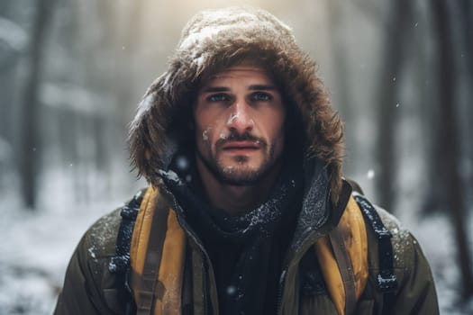 Caucasian young adult man lost in forest at snowy winter day. Neural network generated image. Not based on any actual person or scene.