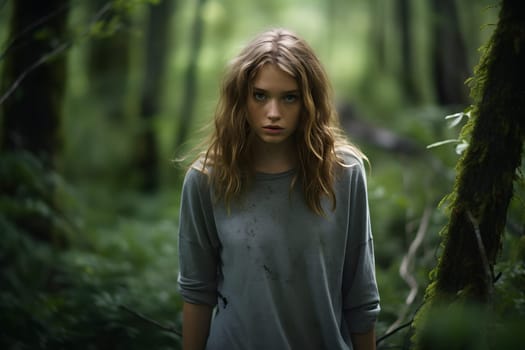 Long haired Caucasian girl lost in summer forest at day. Neural network generated image. Not based on any actual person or scene.