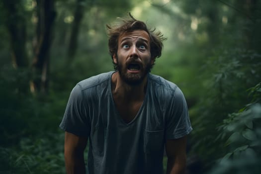 scared Caucasian young adult man lost in forest at summer. Neural network generated image. Not based on any actual person or scene.