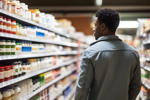 young adult African American man choosing a product in a grocery store. Neural network generated image. Not based on any actual person or scene.