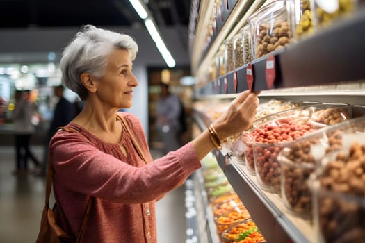 senior Caucasian woman choosing a product in a grocery store. Neural network generated image. Not based on any actual person or scene.