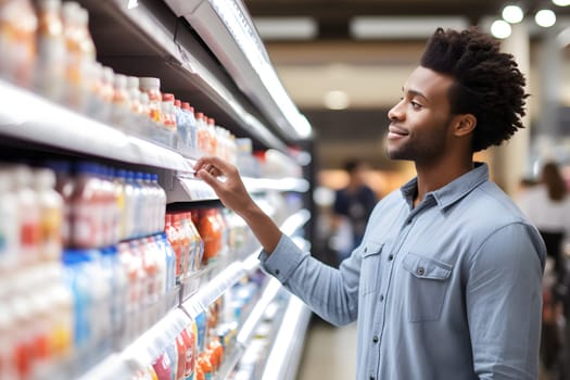 young adult African American man choosing a product in a grocery store. Neural network generated image. Not based on any actual person or scene.