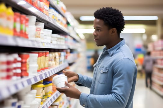 young adult African American man choosing a product in a grocery store. Neural network generated image. Not based on any actual person or scene.