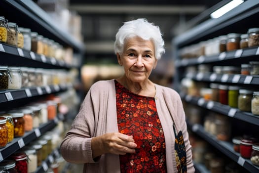 senior Caucasian woman choosing a product in a grocery store. Neural network generated image. Not based on any actual person or scene.