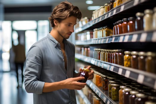 young adult Caucasian man choosing a product in a grocery store. Neural network generated image. Not based on any actual person or scene.