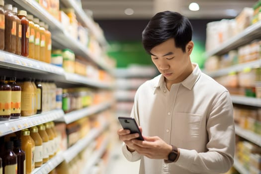 young adult Asian man choosing a product in a grocery store. Neural network generated image. Not based on any actual person or scene.