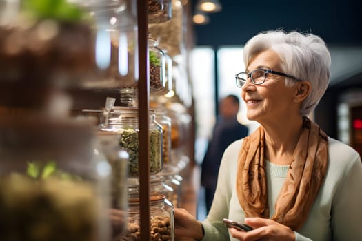 senior Caucasian woman choosing a product in a grocery store. Neural network generated image. Not based on any actual person or scene.
