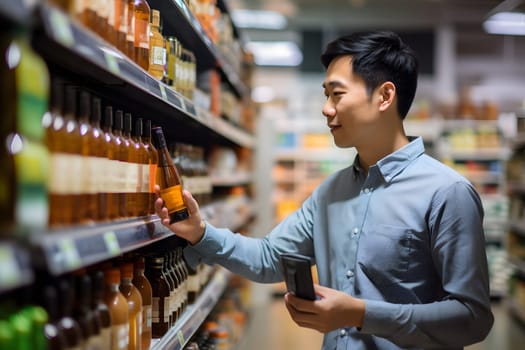 young adult Asian man choosing a product in a grocery store. Neural network generated image. Not based on any actual person or scene.
