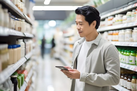 young adult Asian man choosing a product in a grocery store. Neural network generated image. Not based on any actual person or scene.
