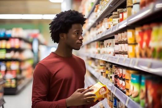 young adult African American man choosing a product in a grocery store. Neural network generated image. Not based on any actual person or scene.