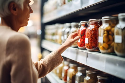 senior Caucasian woman choosing a product in a grocery store. Neural network generated image. Not based on any actual person or scene.