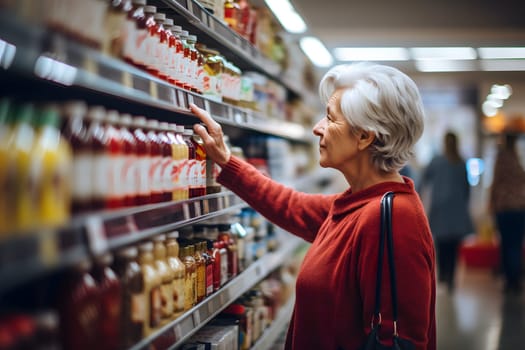 senior Caucasian woman choosing a product in a grocery store. Neural network generated image. Not based on any actual person or scene.