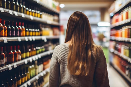 young adult Caucasian woman choosing a product in a grocery store. Neural network generated image. Not based on any actual person or scene.