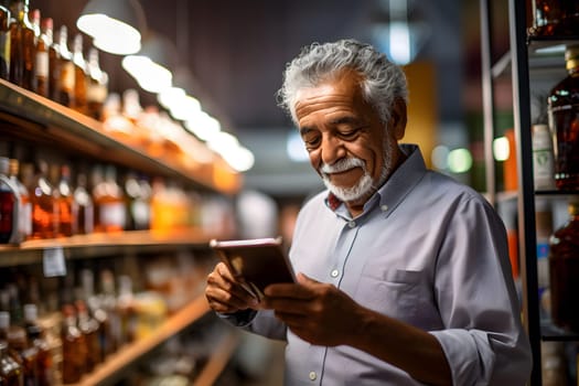 senior Mexican man choosing a product in a grocery store. Neural network generated image. Not based on any actual person or scene.