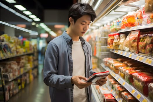 young adult Asian man choosing a product in a grocery store. Neural network generated image. Not based on any actual person or scene.
