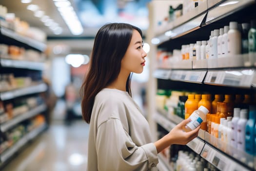 young adult Asian woman choosing a product in a grocery store. Neural network generated image. Not based on any actual person or scene.