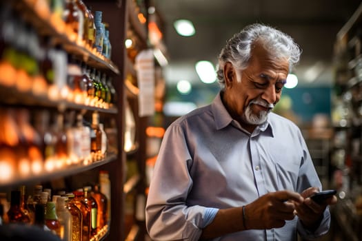 senior Mexican man choosing a product in a grocery store. Neural network generated image. Not based on any actual person or scene.