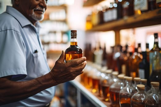 senior Mexican man choosing alcohol product in a grocery store. Neural network generated image. Not based on any actual person or scene.