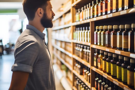 young adult Caucasian man choosing a product in a grocery store. Neural network generated image. Not based on any actual person or scene.
