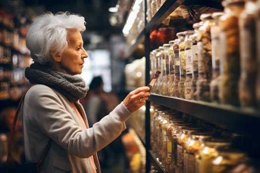 senior Caucasian woman choosing a product in a grocery store. Neural network generated image. Not based on any actual person or scene.