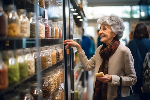 senior Caucasian woman choosing a product in a grocery store. Neural network generated image. Not based on any actual person or scene.