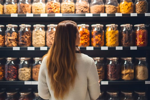 woman choosing a product in a grocery store. Neural network generated image. Not based on any actual person or scene.