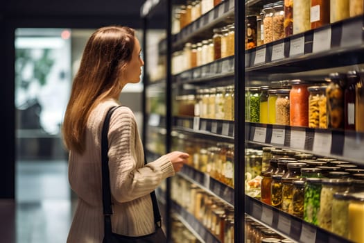 woman choosing a product in a grocery store. Neural network generated image. Not based on any actual person or scene.