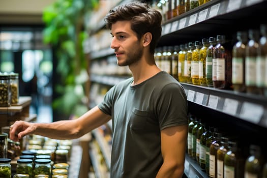 young adult Caucasian man choosing a product in a grocery store. Neural network generated image. Not based on any actual person or scene.