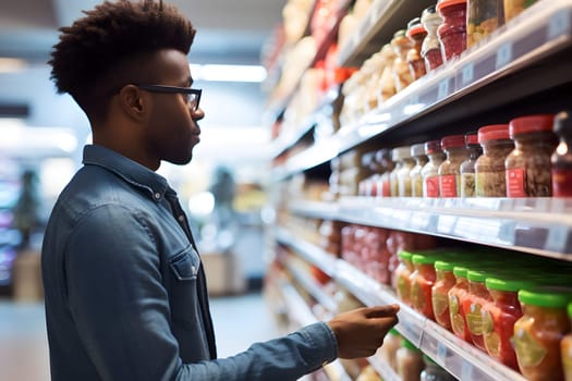 young adult African American man choosing a product in a grocery store. Neural network generated image. Not based on any actual person or scene.