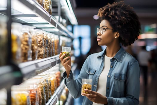 young adult African American woman choosing a product in a grocery store. Neural network generated image. Not based on any actual person or scene.