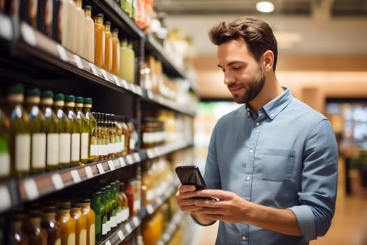 young adult Caucasian man choosing a product in a grocery store. Neural network generated image. Not based on any actual person or scene.