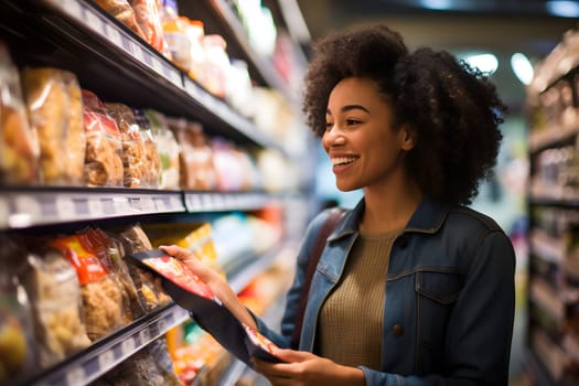 young adult African American woman choosing a product in a grocery store. Neural network generated image. Not based on any actual person or scene.