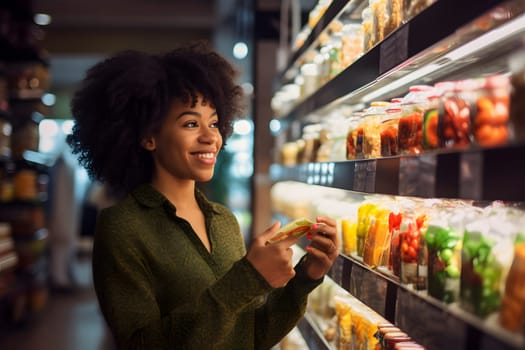 young adult African American woman choosing a product in a grocery store. Neural network generated image. Not based on any actual person or scene.