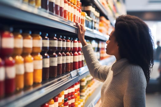 young adult African American woman choosing a product in a grocery store. Neural network generated image. Not based on any actual person or scene.